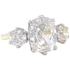 GIA 2.08 Carat Antique Cushion Cut Diamond 18k Gold Three Stone Engagement Ring