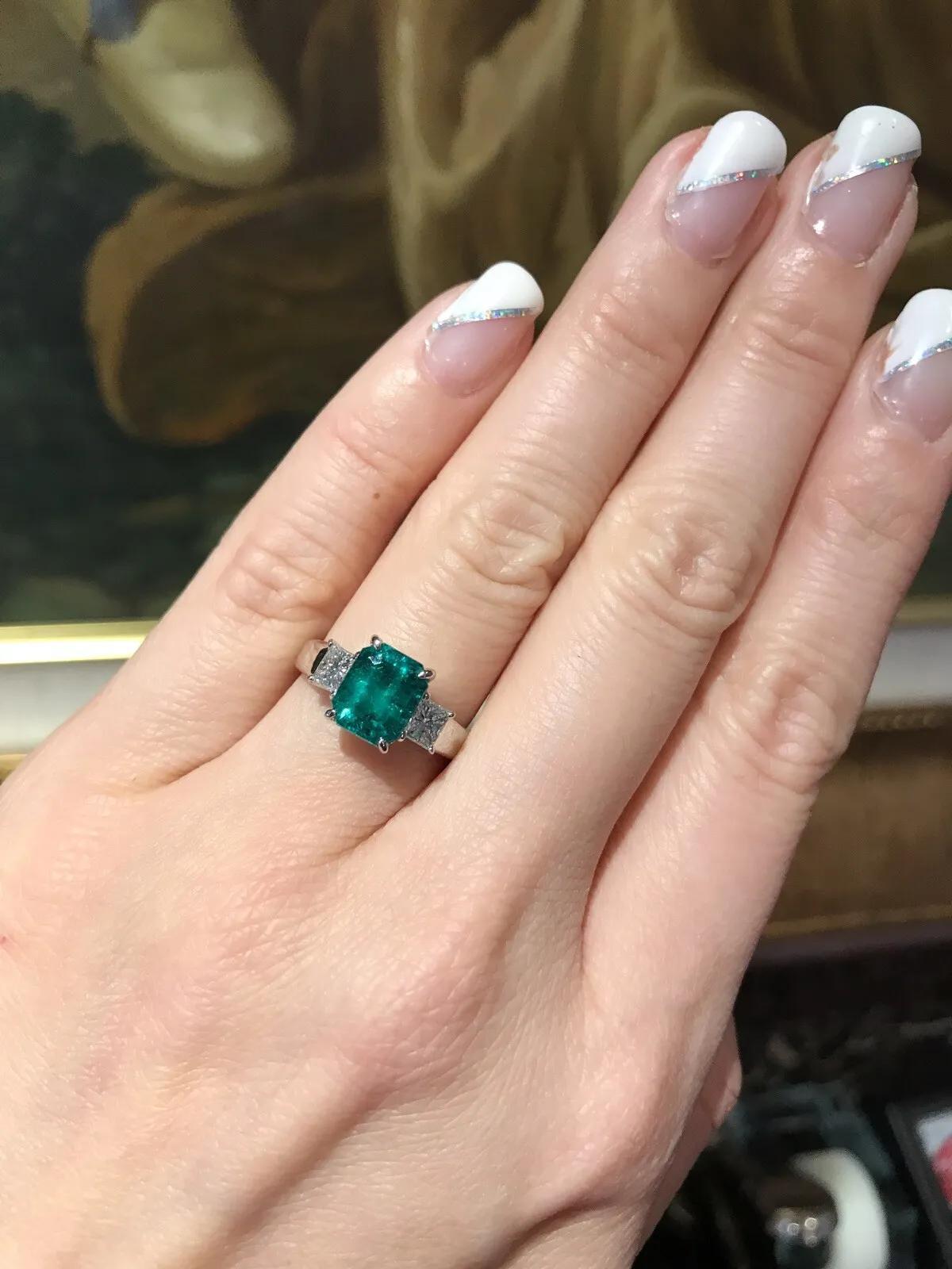 GIA 2.09 carat Colombian Emerald Three-stone Ring with Diamonds in Platinum For Sale 5