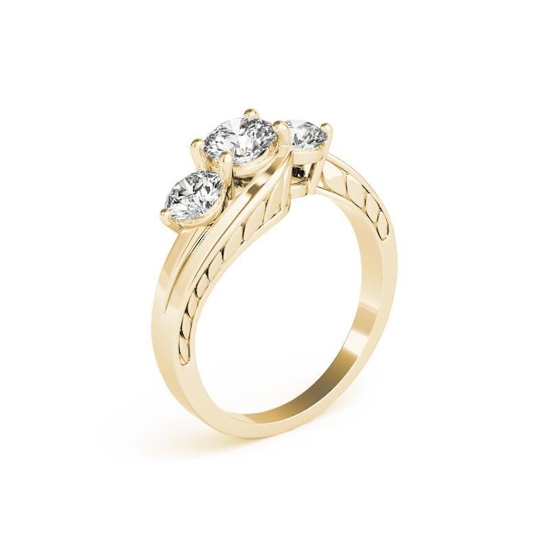 Donna GIA Anello con diamante rotondo a 3 pietre inciso e gambo curvo in oro giallo 18 carati da 2,09 ct. in vendita