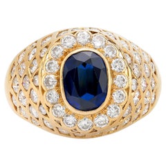 GIA Bague dôme en or jaune 18 carats 2.10 carats saphir taille ovale diamant