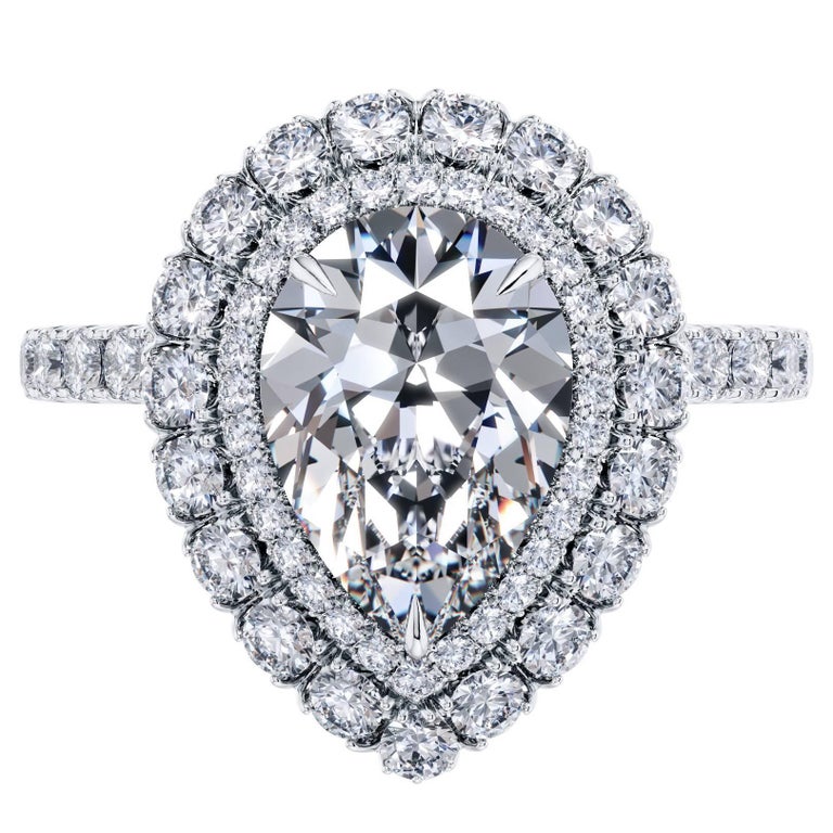 Bespoke GIA 2 Carat Pear Shape F Color Halo Diamond Engagement Ring