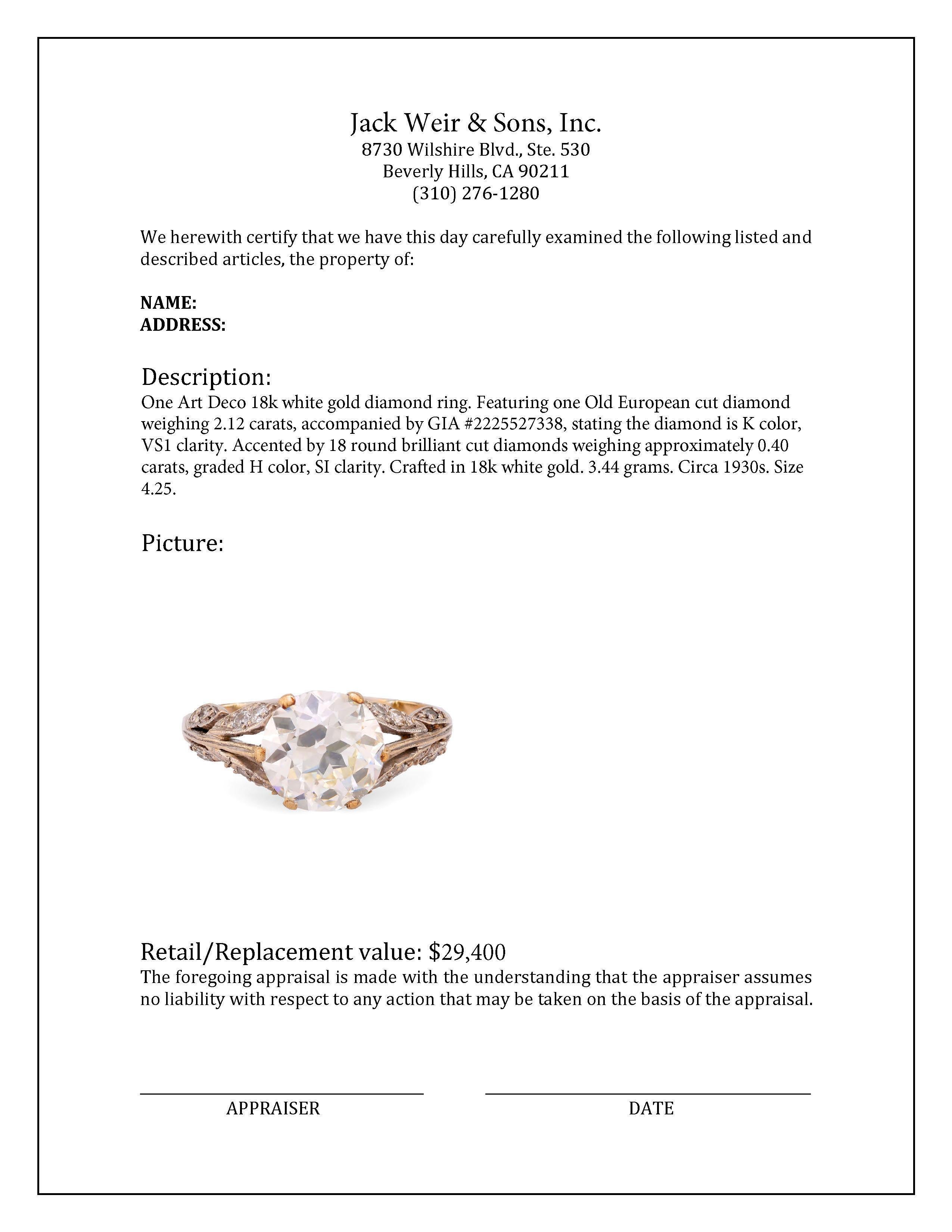 GIA 2.12 carat old European cut diamond 18k white gold engagement ring In Excellent Condition In Beverly Hills, CA
