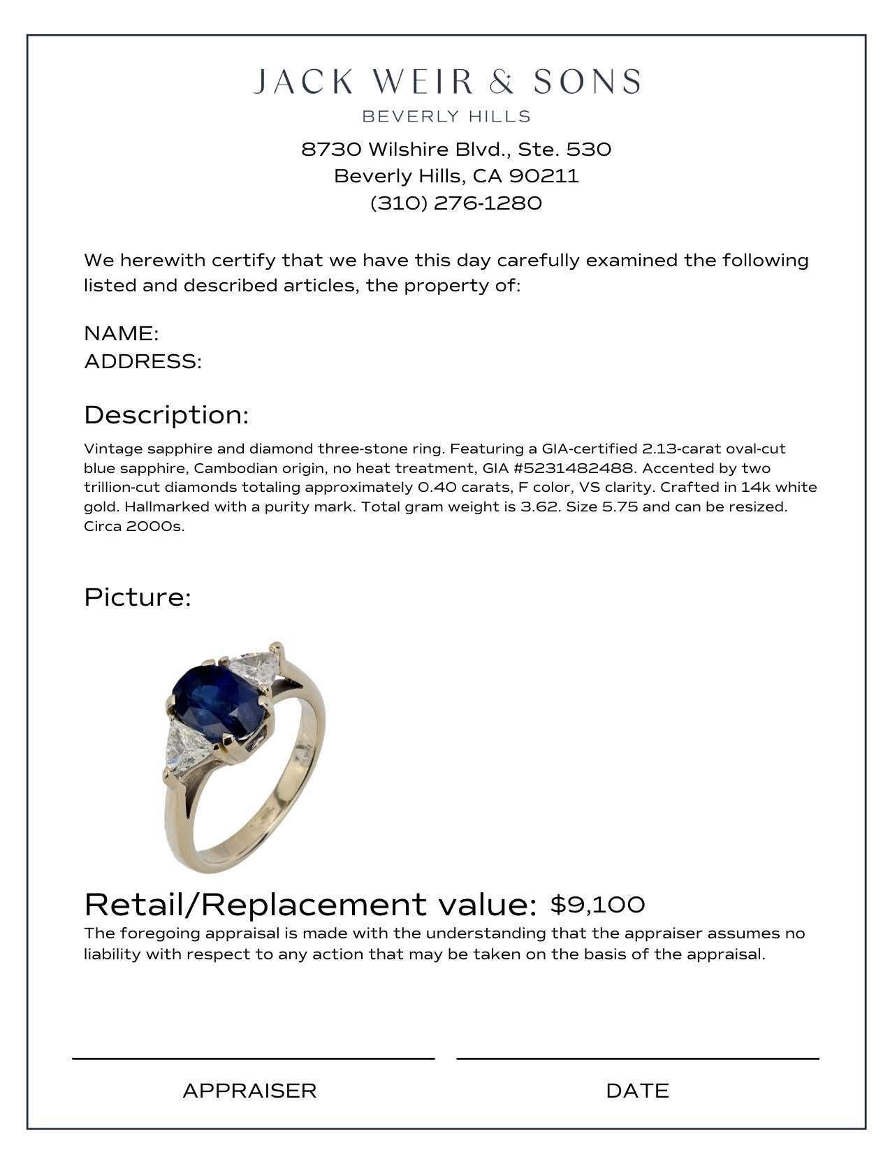 GIA 2,13 Karat nicht erhitzter Saphir Diamant 14k Weißgold Dreisteinring im Zustand „Hervorragend“ in Beverly Hills, CA
