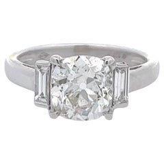 GIA 2.13 Carats Old Mine Cut Diamond 18k White Gold Three Stone Ring