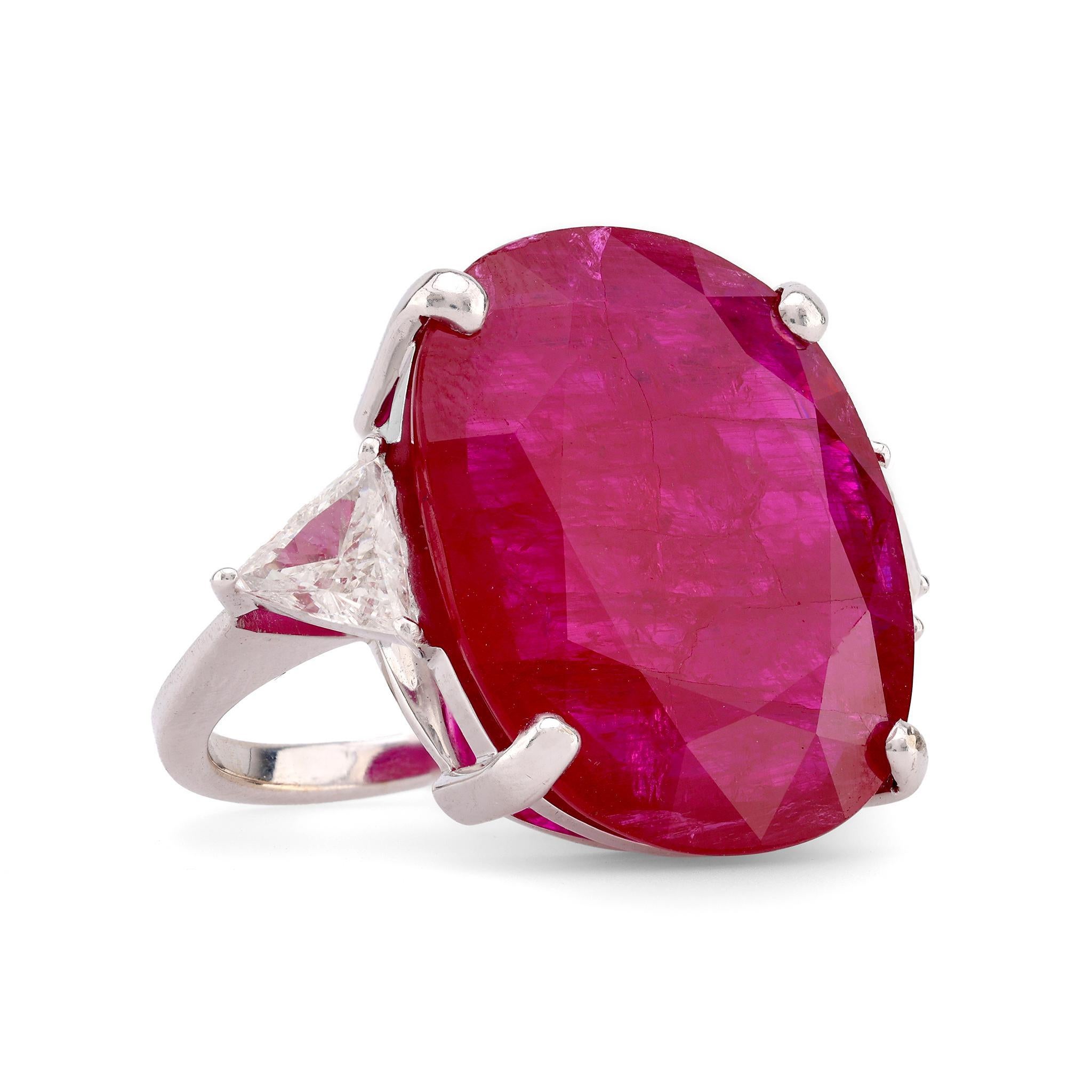 Modern GIA 21.38 Carat Oval Cut Ruby Diamond 18K White Gold Cocktail Ring