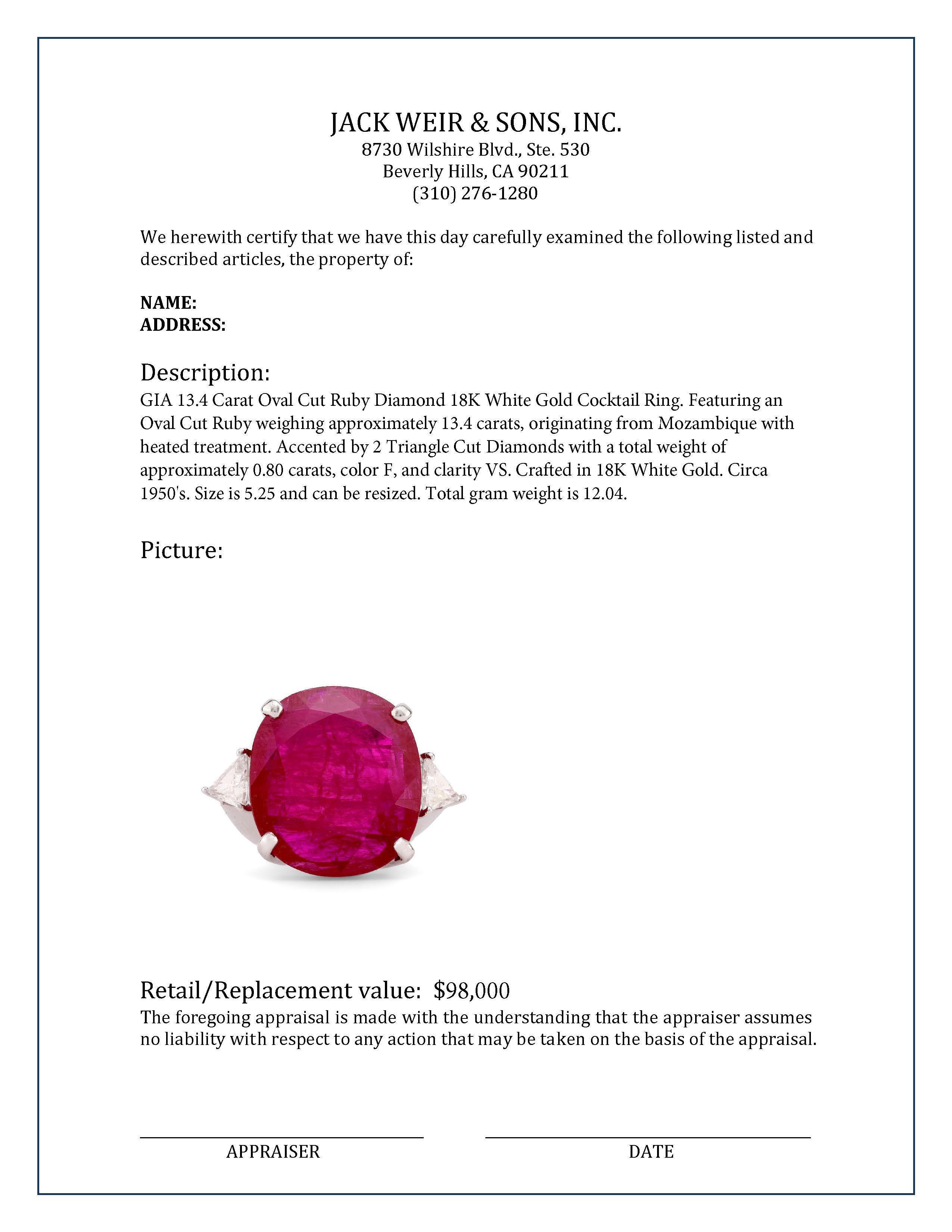 GIA 21.38 Carat Oval Cut Ruby Diamond 18K White Gold Cocktail Ring 1