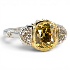 GIA 2.14 ct Fancy Yellow Old Mine Cut Diamond in Art Deco Style Mounting
