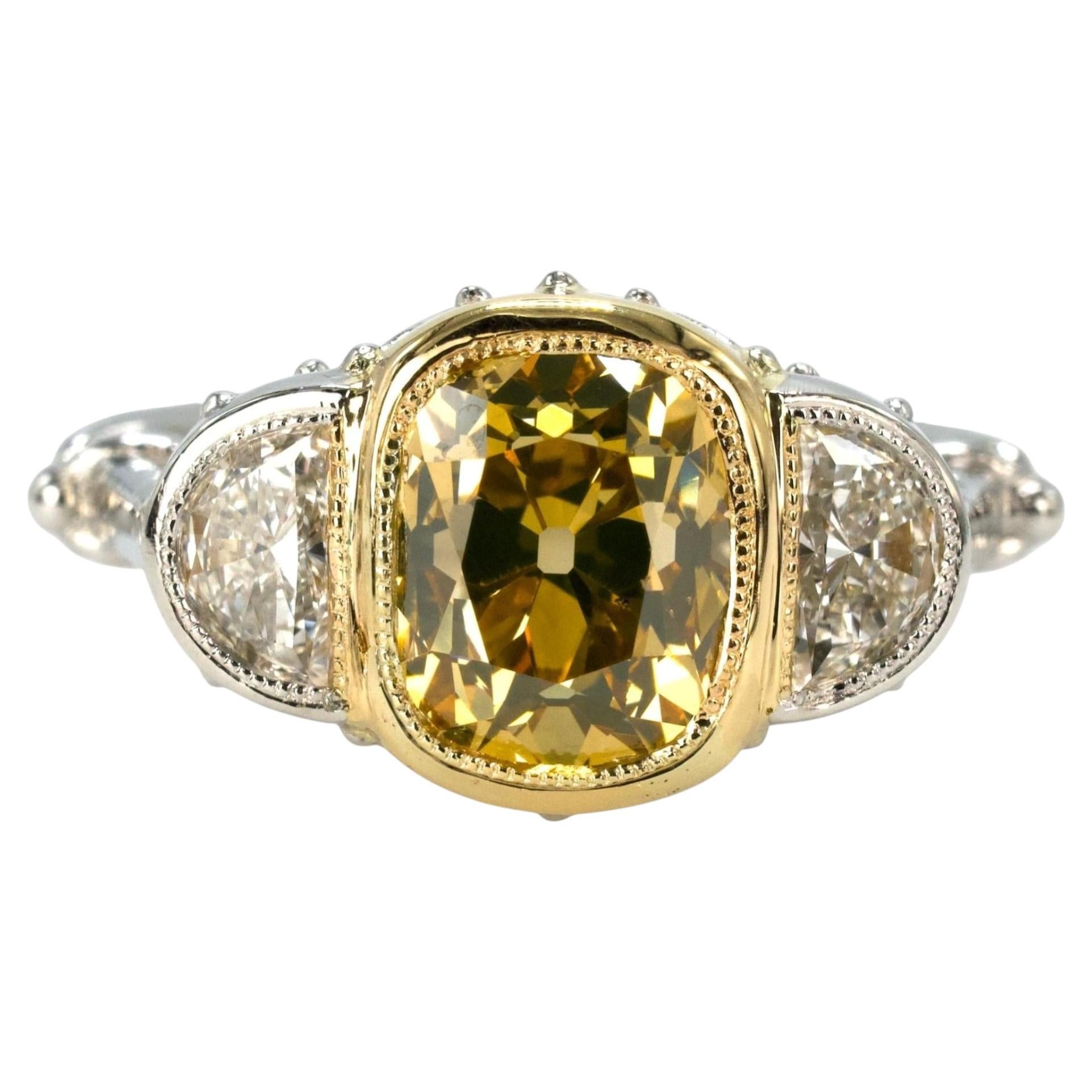 GIA 2.14 ct Fancy Yellow Old Mine Cut Diamond in Art Deco Style Mounting For Sale
