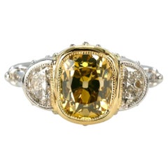 GIA 2.14 ct Fancy Yellow Old Mine Cut Diamond in Art Deco Style Mounting