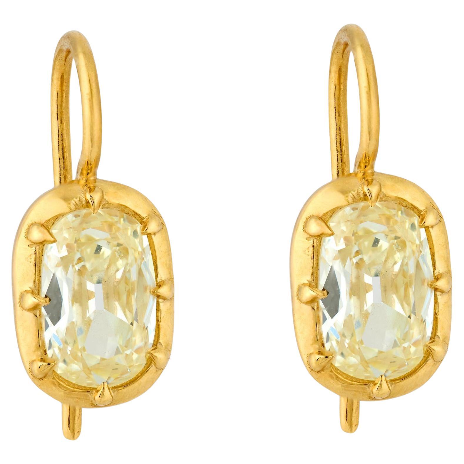 GIA 2.15 carat old mine cut diamond 18k yellow gold collet earrings