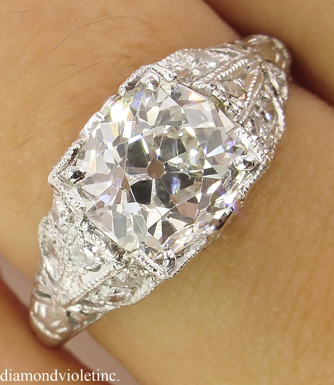 GIA 2.15 Carat Edwardian Old Mine Cushion Brilliant Diamond Ring Platinum Ring 6