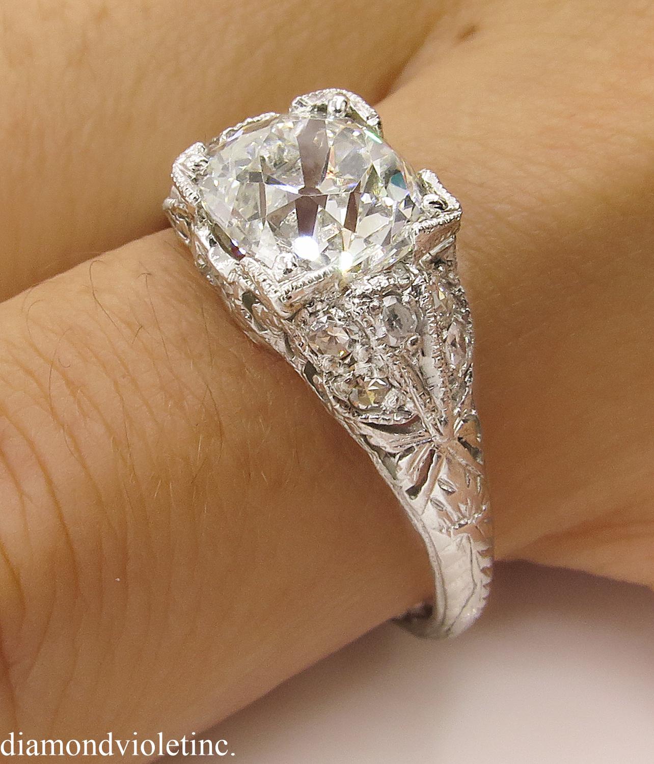 GIA 2.15 Carat Edwardian Old Mine Cushion Brilliant Diamond Ring Platinum Ring 10