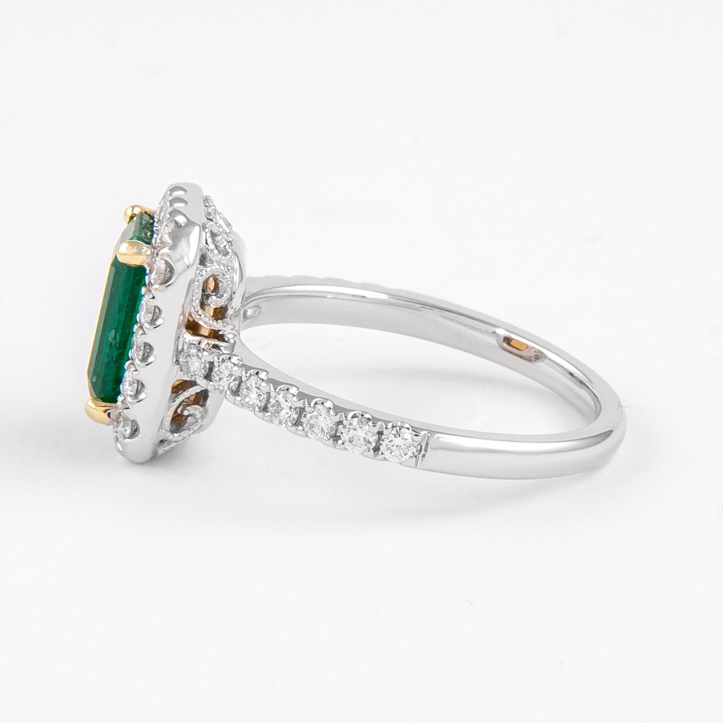 Contemporary GIA 2.16 carat Emerald and Diamond Halo Ring 18 karat Gold For Sale