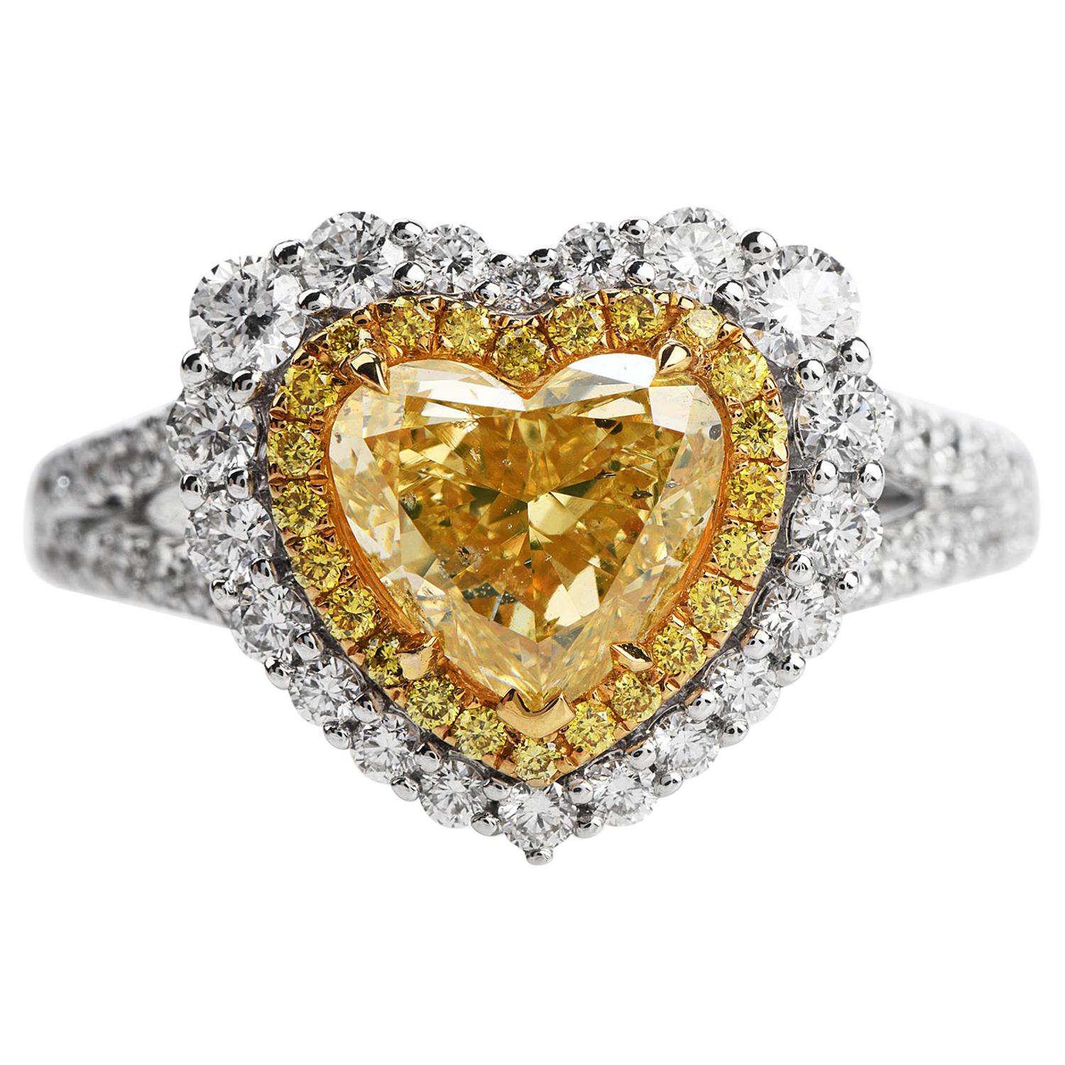 GIA 2.16 Carat Fancy Yellow Heart Diamond 18 Karat Gold Engagement Ring