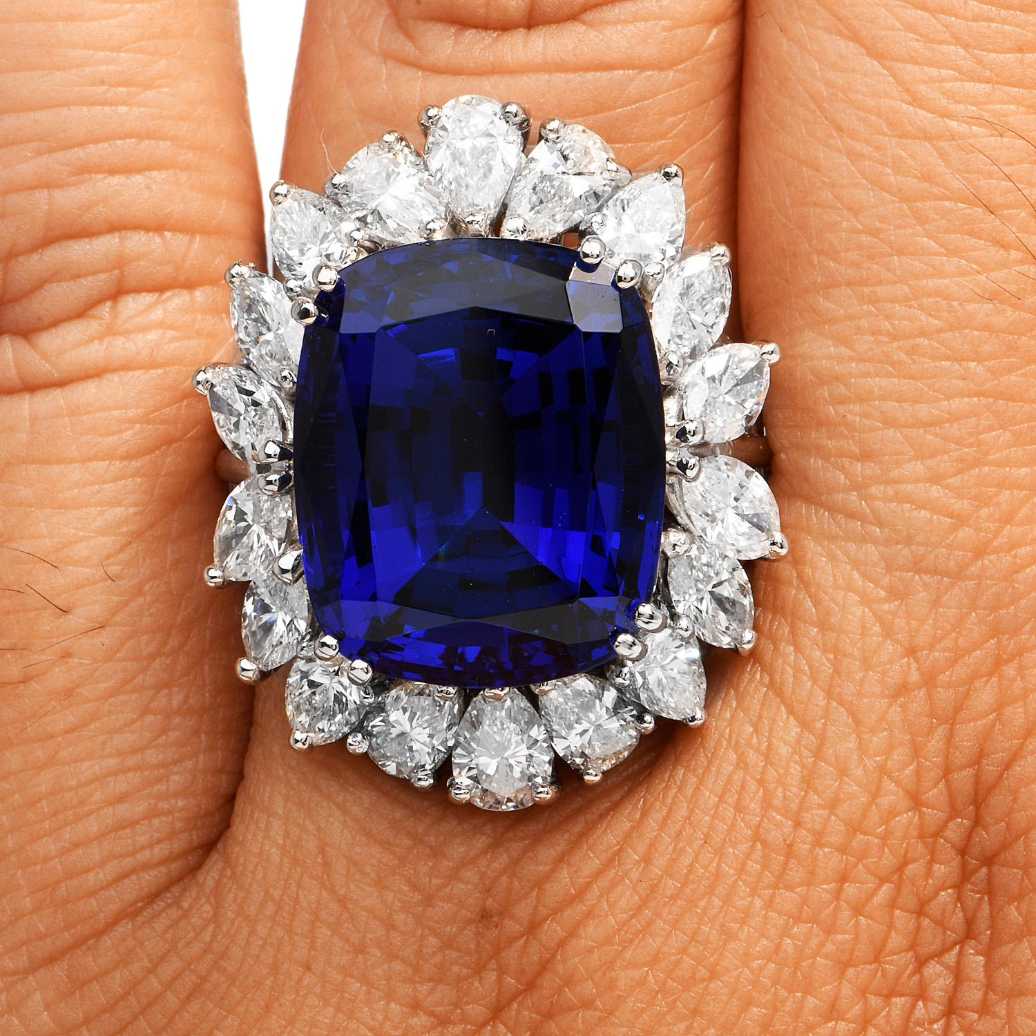 Women's or Men's GIA 21.66 Carat Tanzanite Diamond Platinum Flower Halo Cocktail Ring