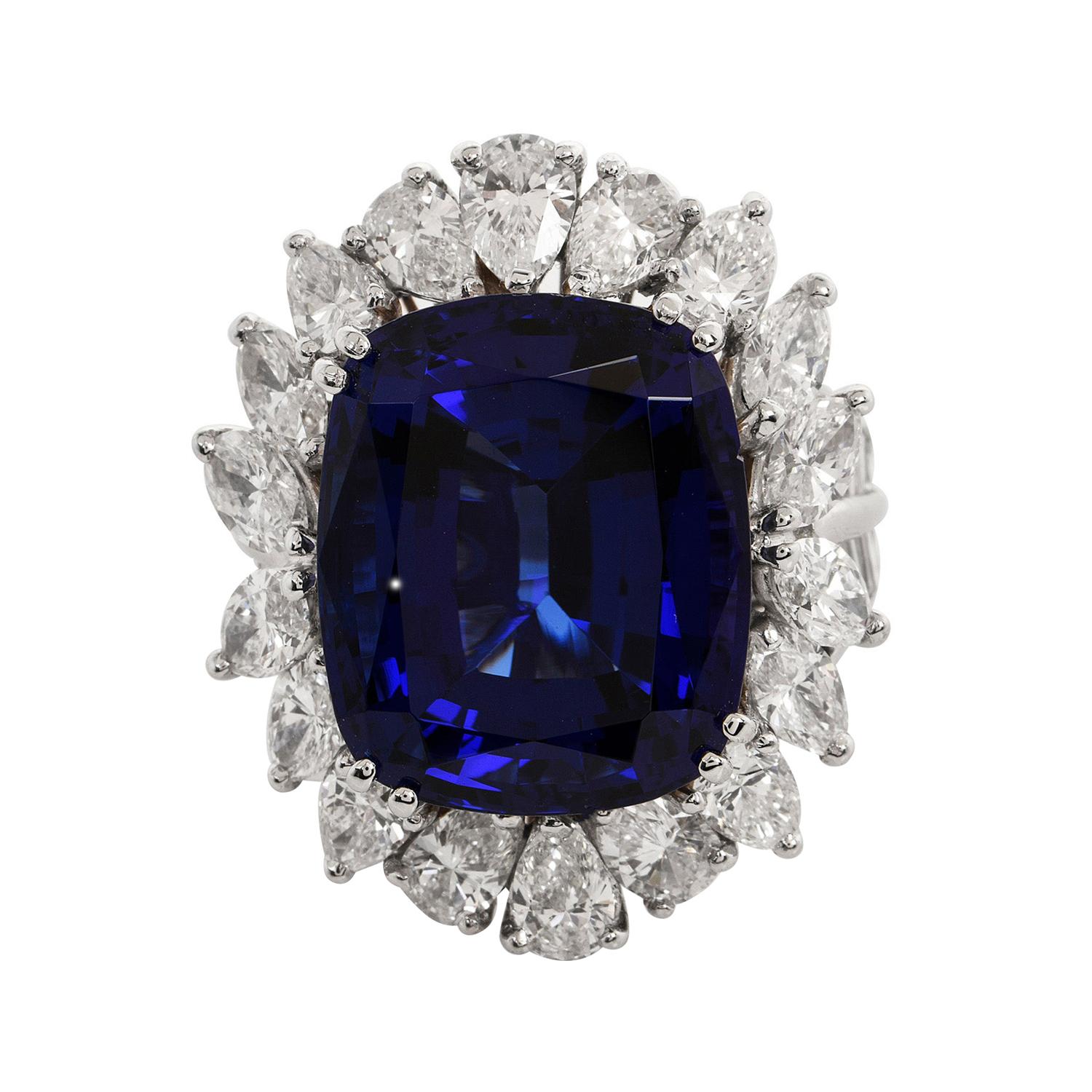 GIA 21.66 Carat Tanzanite Diamond Platinum Flower Halo Cocktail Ring