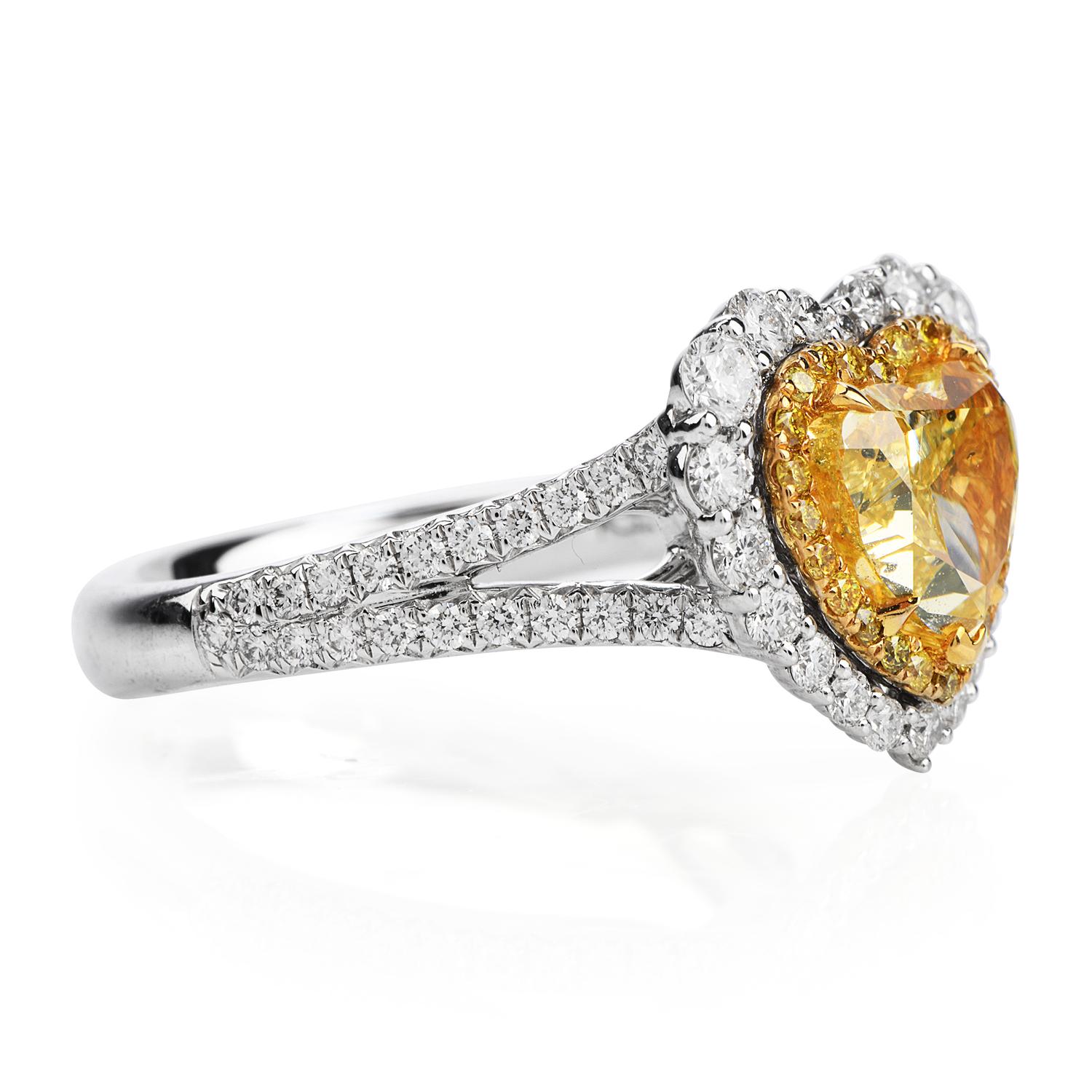 Modern GIA 2.16 Carat Fancy Yellow Heart Diamond 18 Karat Gold Engagement Ring
