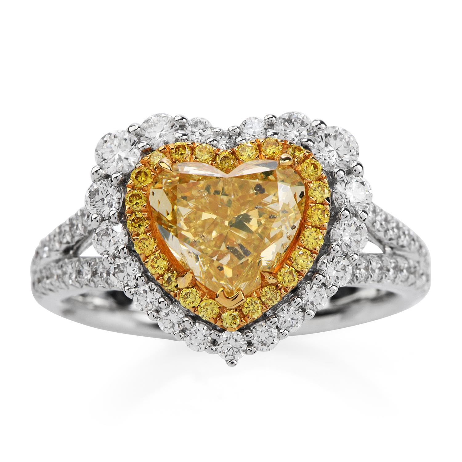 Women's or Men's GIA 2.16 Carat Fancy Yellow Heart Diamond 18 Karat Gold Engagement Ring