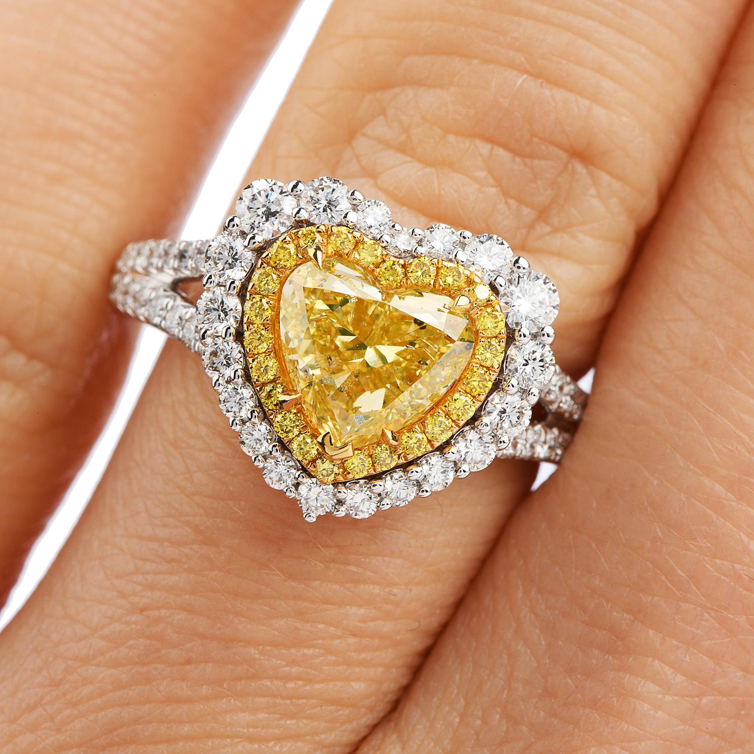 GIA 2.16 Carat Fancy Yellow Heart Diamond 18 Karat Gold Engagement Ring 1