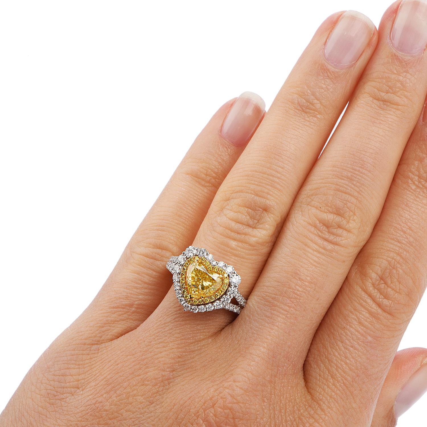 GIA 2.16 Carat Fancy Yellow Heart Diamond 18 Karat Gold Engagement Ring 2
