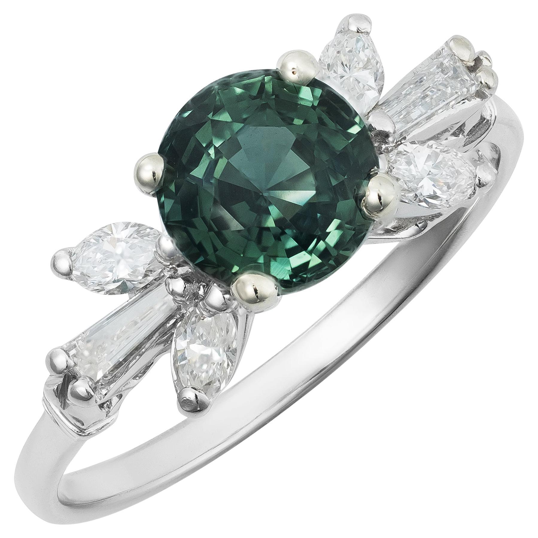 GIA 2.19 cts Unheated Greenish Blue Sapphire 
0.42 cts Diamonds 14K WG Ring