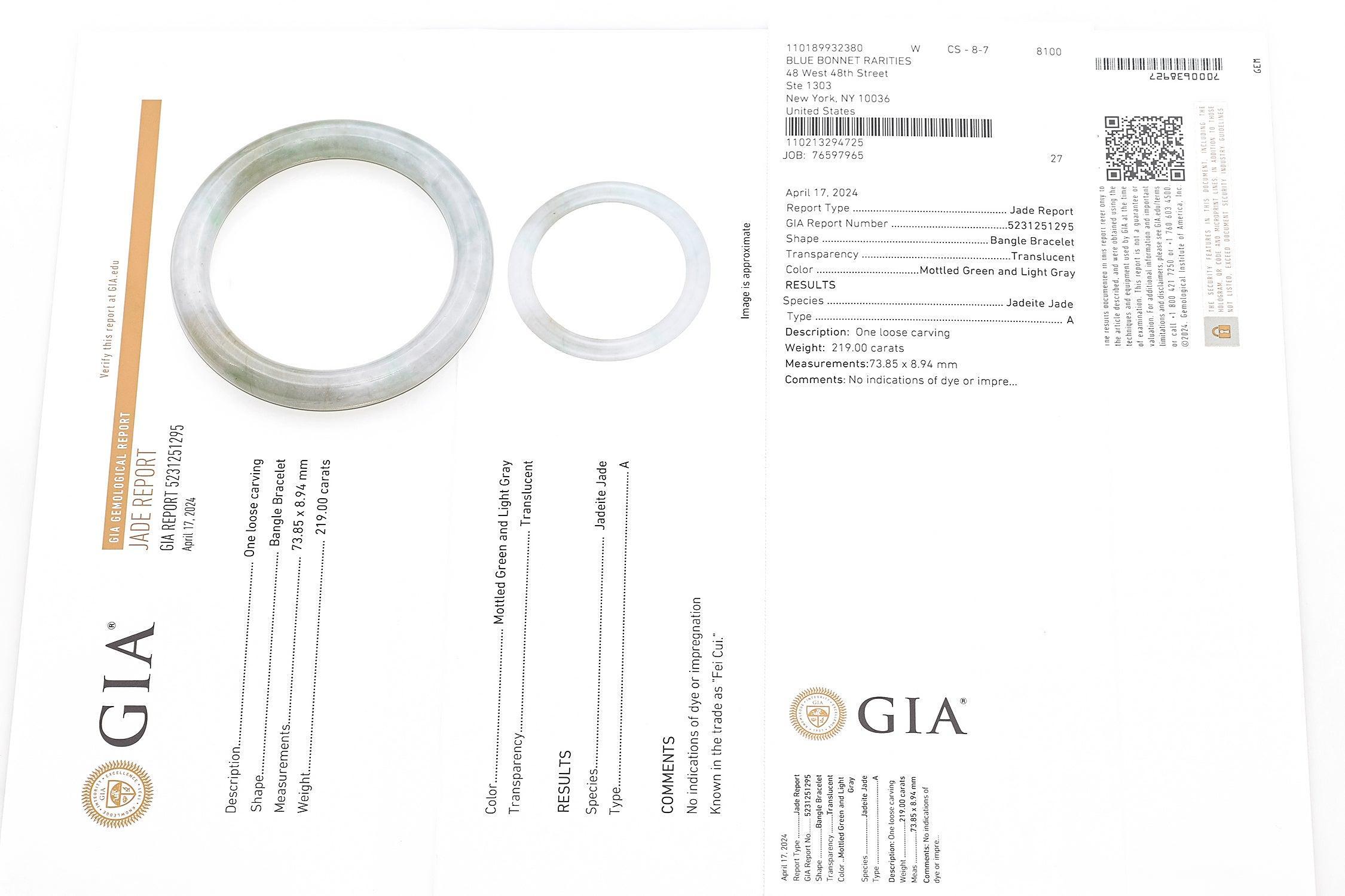GIA 219Ct Translucent Green Light Gray Grade A Jadeite Jade Bangle en vente 1