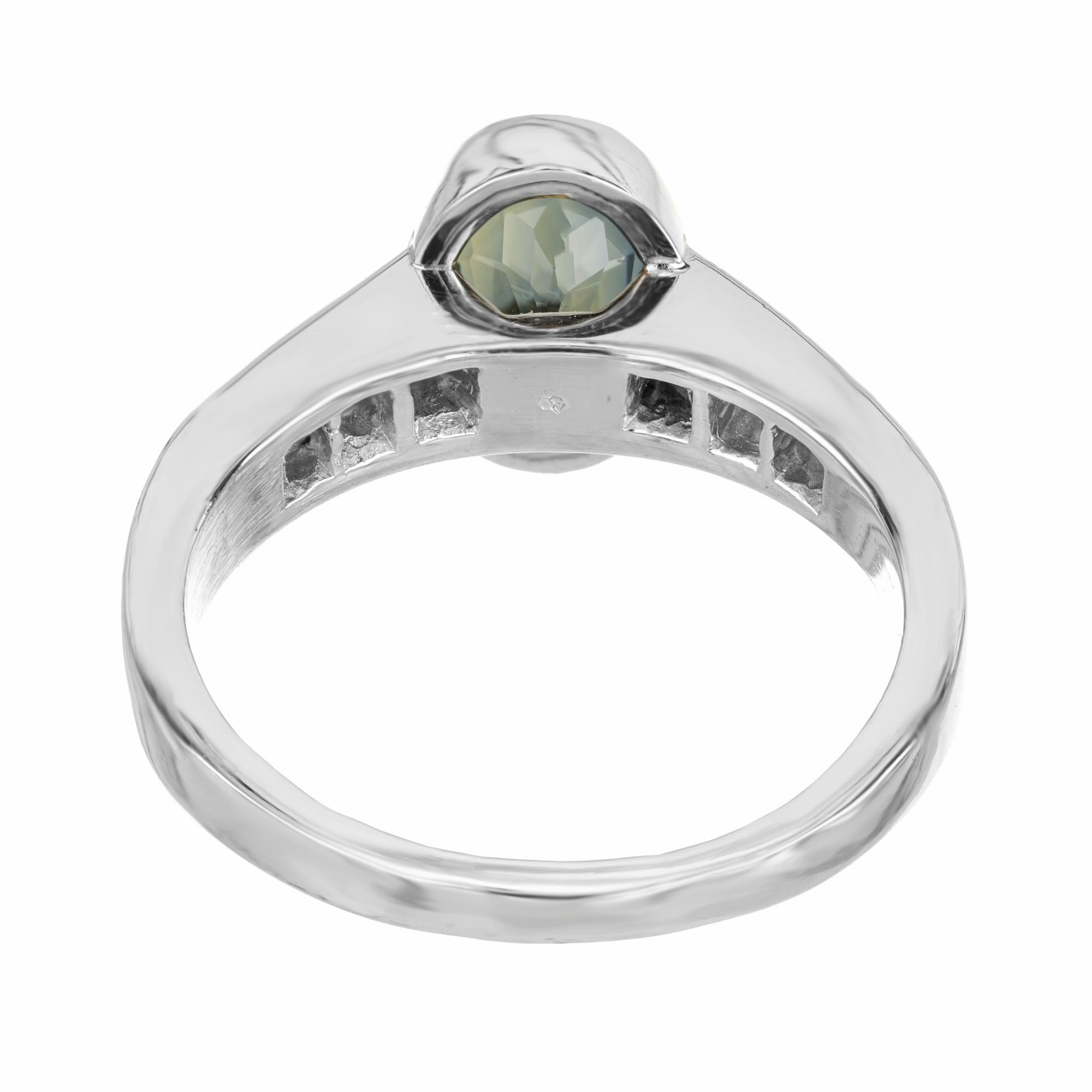 Oval Cut GIA 2.20 Carat Oval Green Yellow Sapphire Diamond Platinum Engagement Ring For Sale