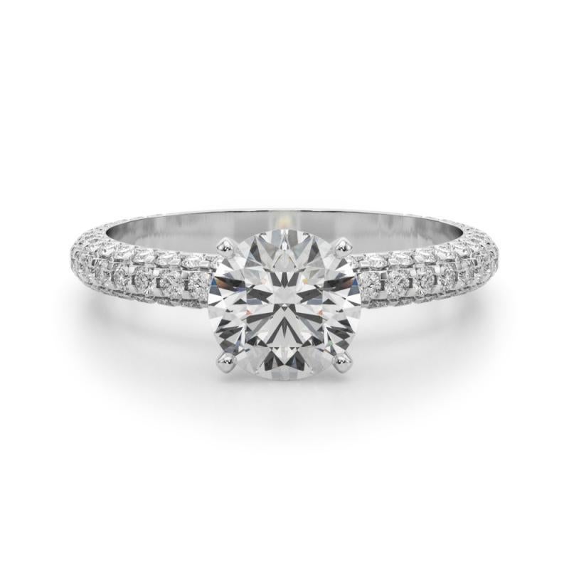 GIA 2.20 Carat Round Multi-Row Pave & Solitaire 18K White Gold Diamond Ring In New Condition For Sale In New York, NY