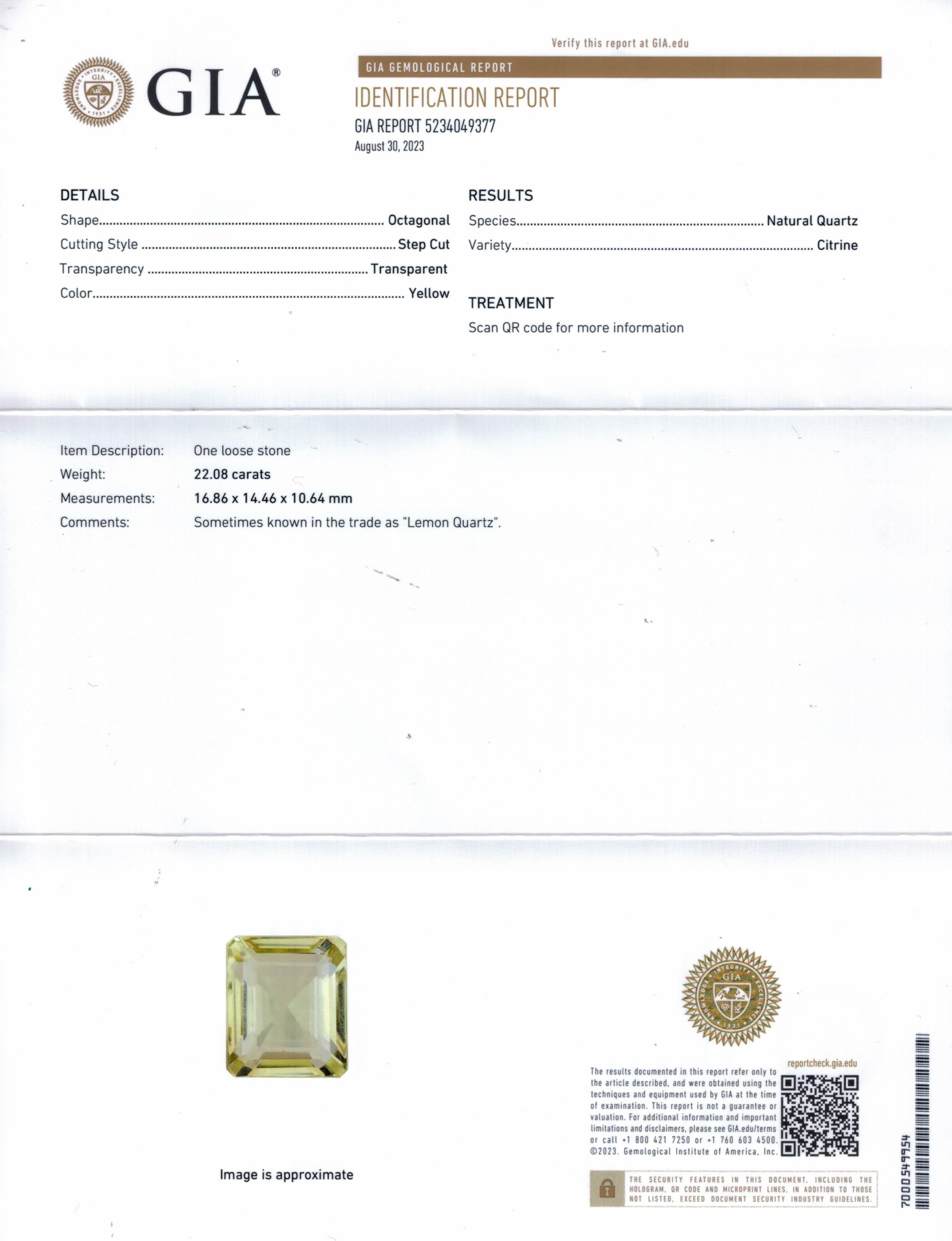 Taille octogone GIA 22,08 carats, citrine naturelle jaune clair, quartz citron, émeraude taille escalier  en vente
