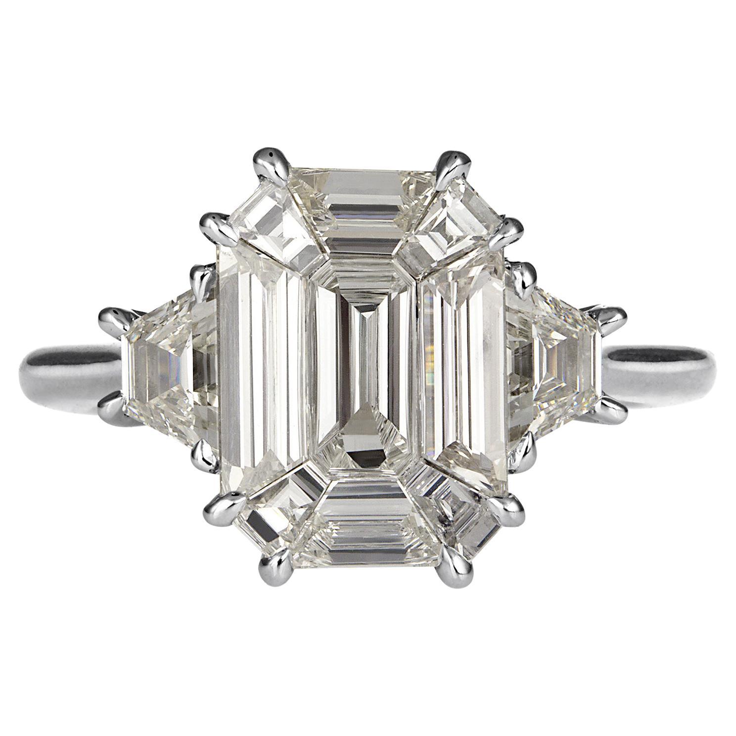 GIA 2.20ct Emerald Pie-Cut "Illusion" Diamond Trilogy Engagement Wedding Ring