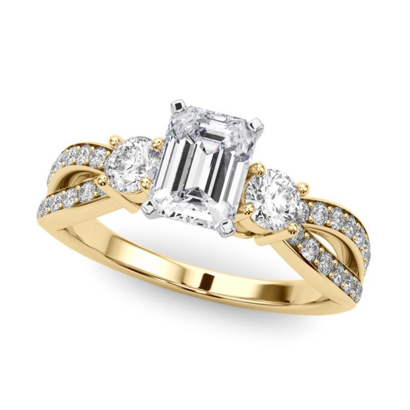 Emerald Cut GIA 2.20ct Emerald Three-Stone Split Shank Pave 18K Yellow Gold Diamond Ring For Sale