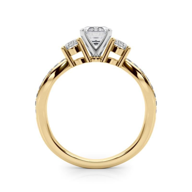 GIA 2.20ct Emerald Three-Stone Split Shank Pave 18K Yellow Gold Diamond Ring In New Condition For Sale In New York, NY