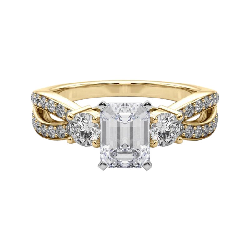 GIA 2.20ct Emerald Three-Stone Split Shank Pave 18K Yellow Gold Diamond Ring For Sale