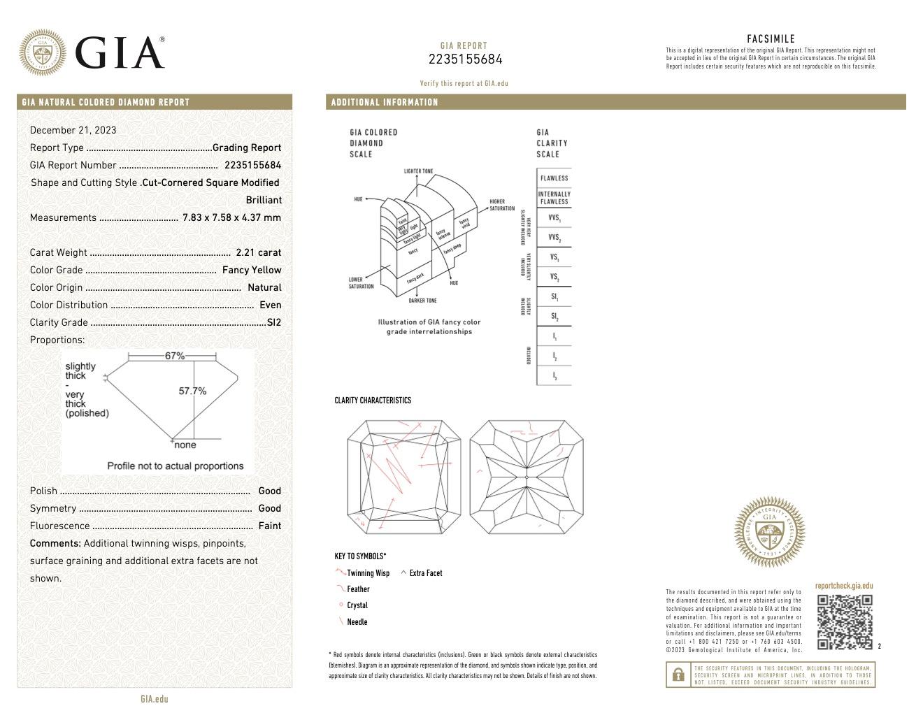 GIA 2.21 Carat Fancy Yellow Radiant Cut Diamond Platinum 18k Gold Ring For Sale 3