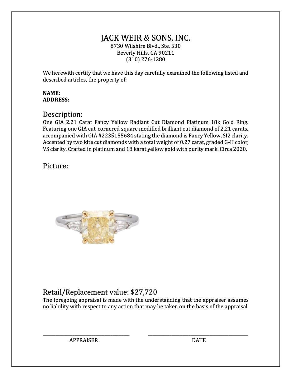 GIA 2.21 Carat Fancy Yellow Radiant Cut Diamond Platinum 18k Gold Ring For Sale 4