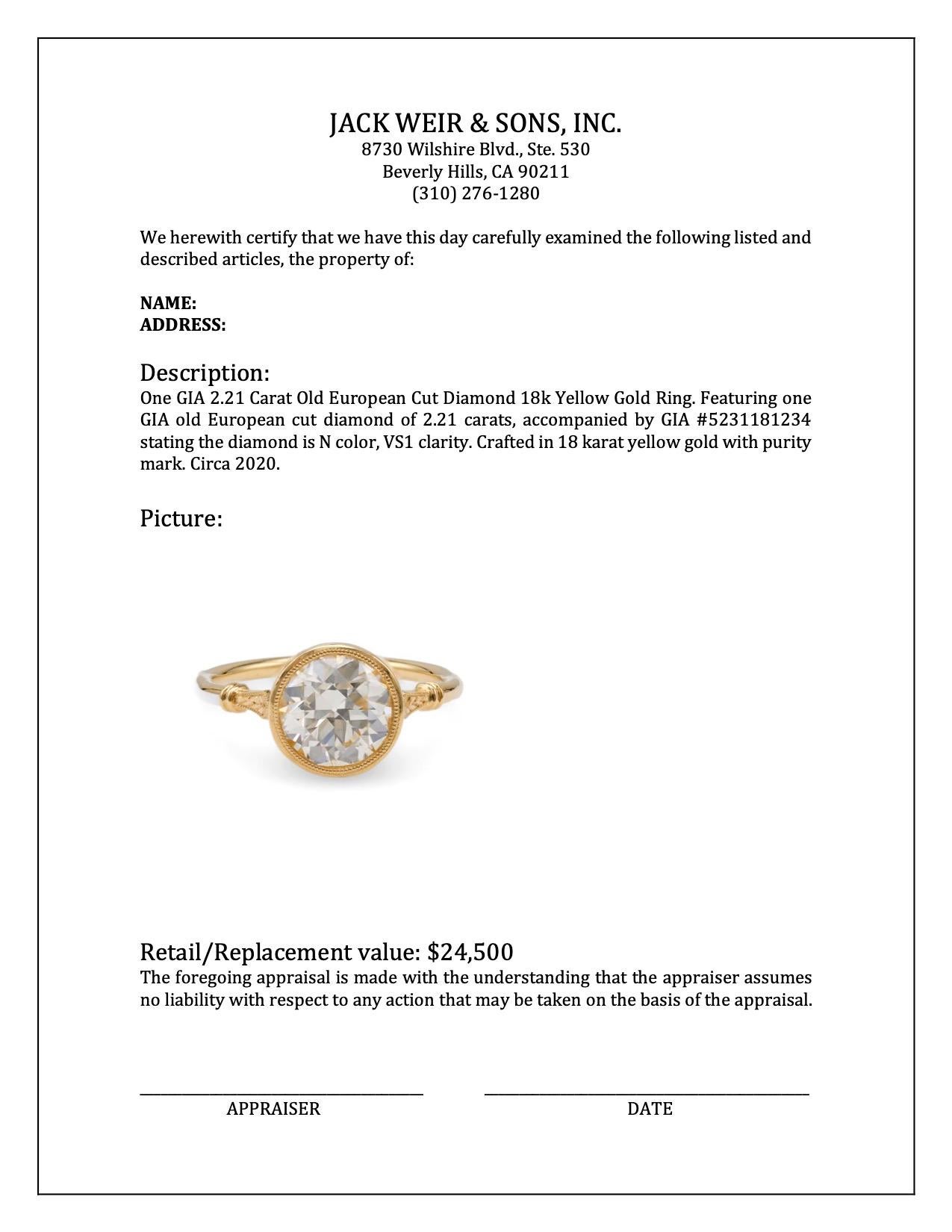 GIA 2.21 Carat Old European Cut Diamond 18k Yellow Gold Ring For Sale 4
