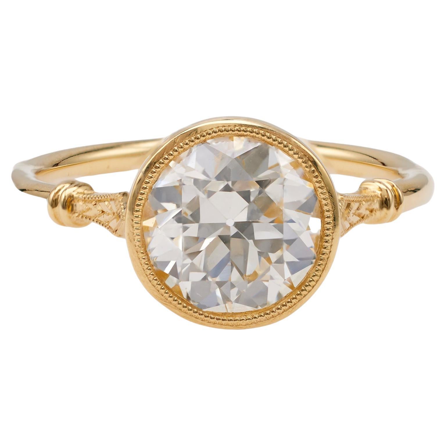 GIA 2.21 Carat Old European Cut Diamond 18k Yellow Gold Ring For Sale