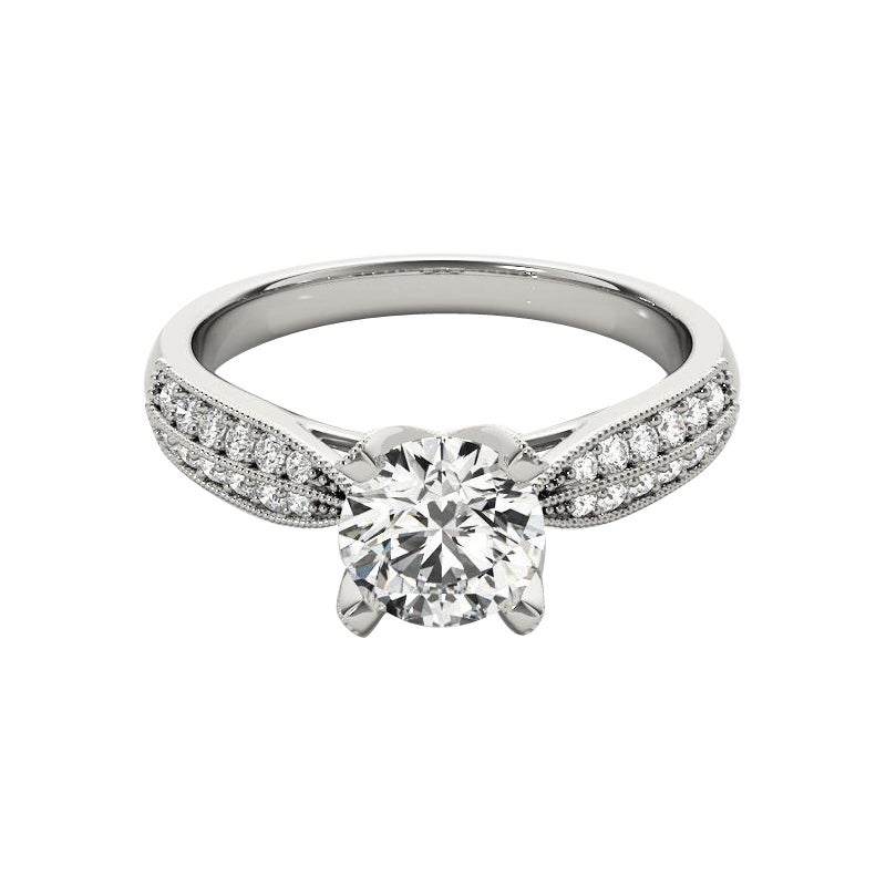 GIA 2.21ct Round Tulip Four-Prong Milgrain Pave 18K White Gold Diamond Ring