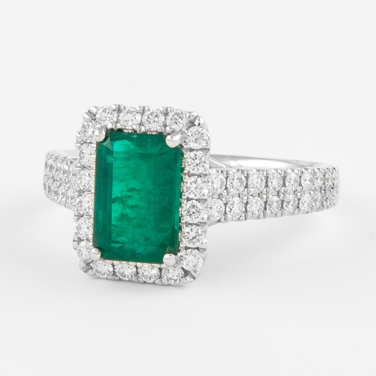Contemporary GIA 2.21 Carat Emerald and Diamond Halo Ring 18k Gold For Sale