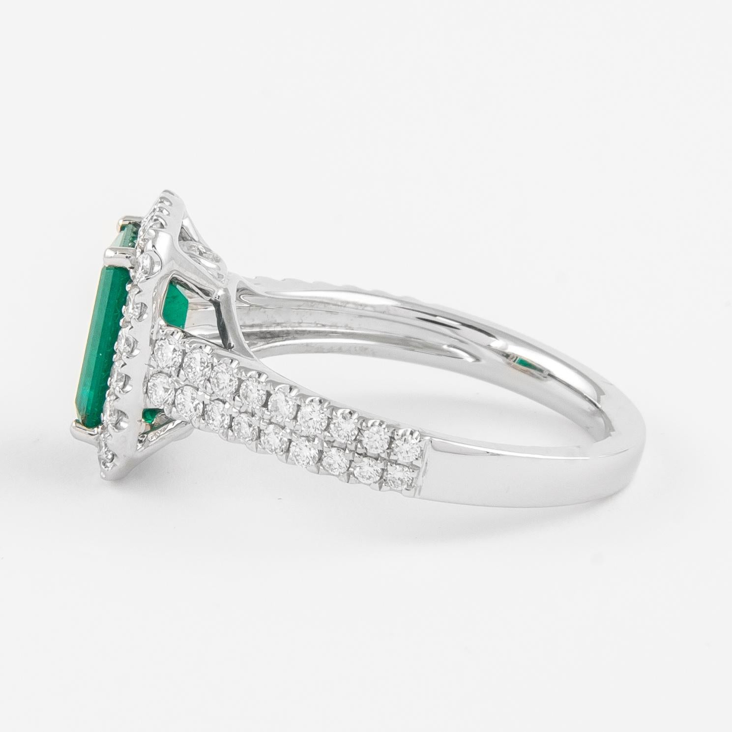Emerald Cut GIA 2.21 Carat Emerald and Diamond Halo Ring 18k Gold For Sale