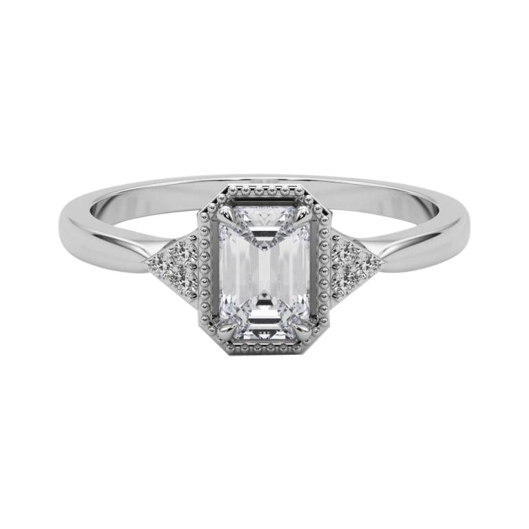 GIA Anillo de diamantes de oro blanco de 18 quilates con bisel geométrico y esmeralda milgrain de 2,22 quilates