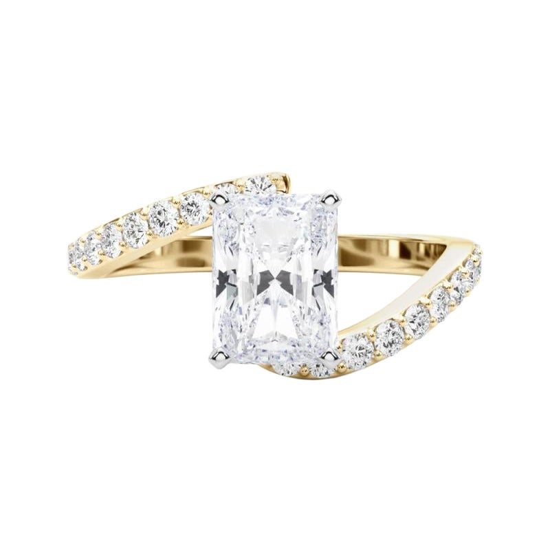 GIA 2.22 Carat Radiant Curved Bypass Pave Shank 18K Yellow Gold Diamond Ring For Sale