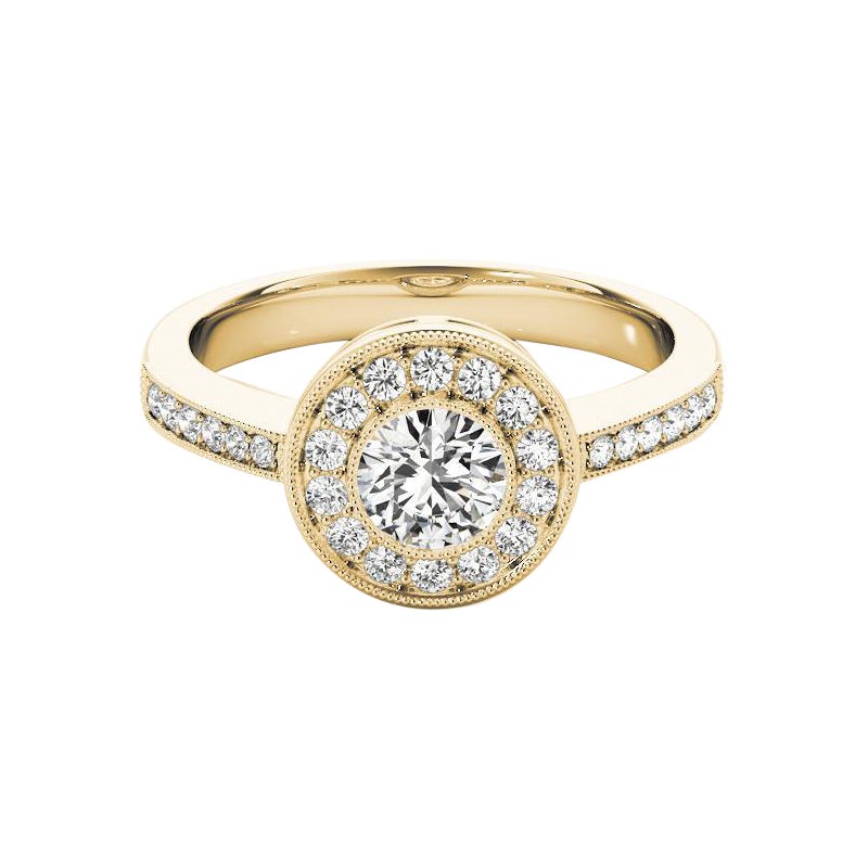 GIA 2.22 Carat Round Halo Filigree Pave Milgrain 18K Yellow Gold Diamond Ring For Sale