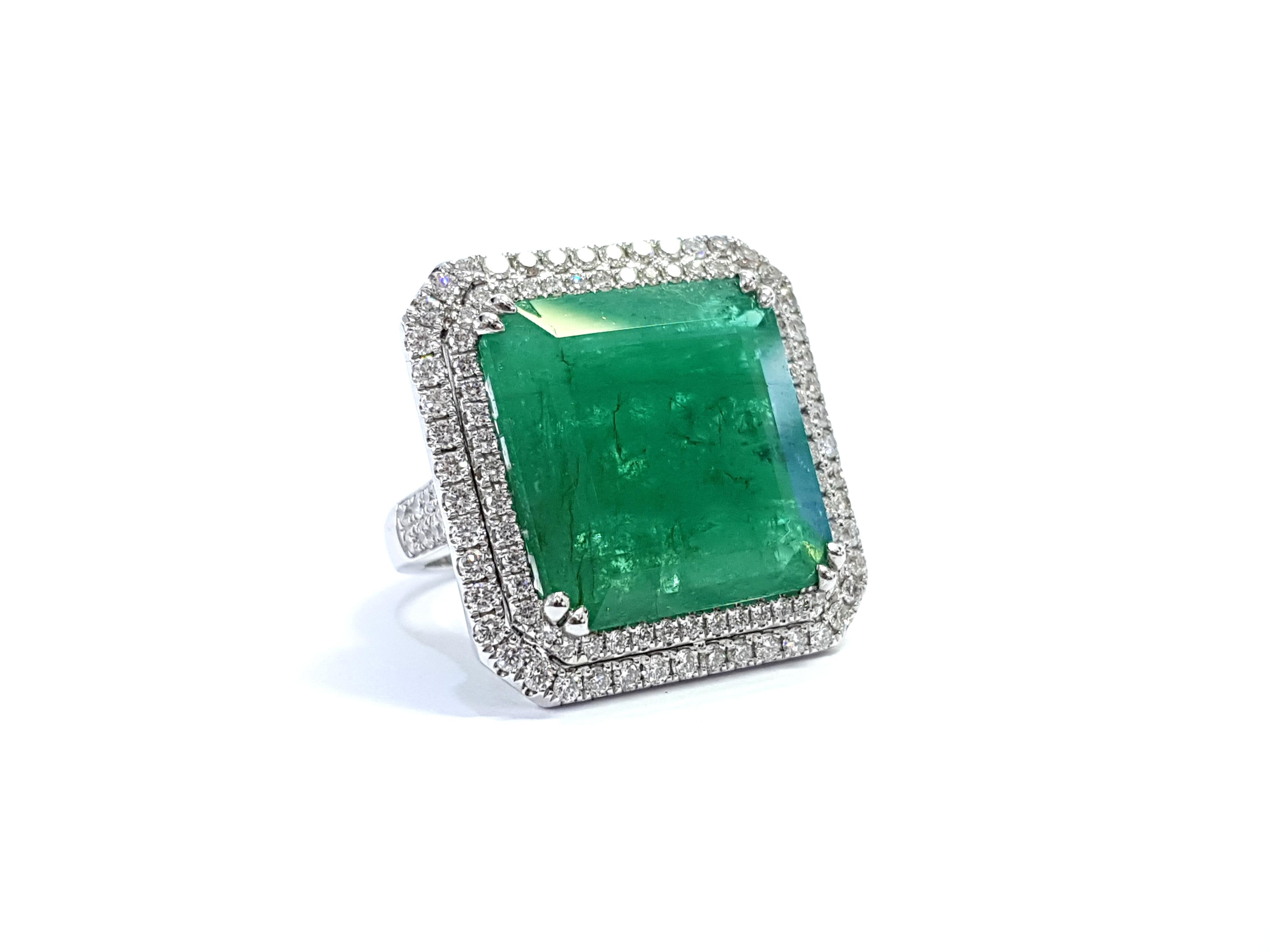 Round Cut GIA 22.23 Carat Emerald 2.00 Carat Round White Diamond 18 Karat White Gold Ring For Sale