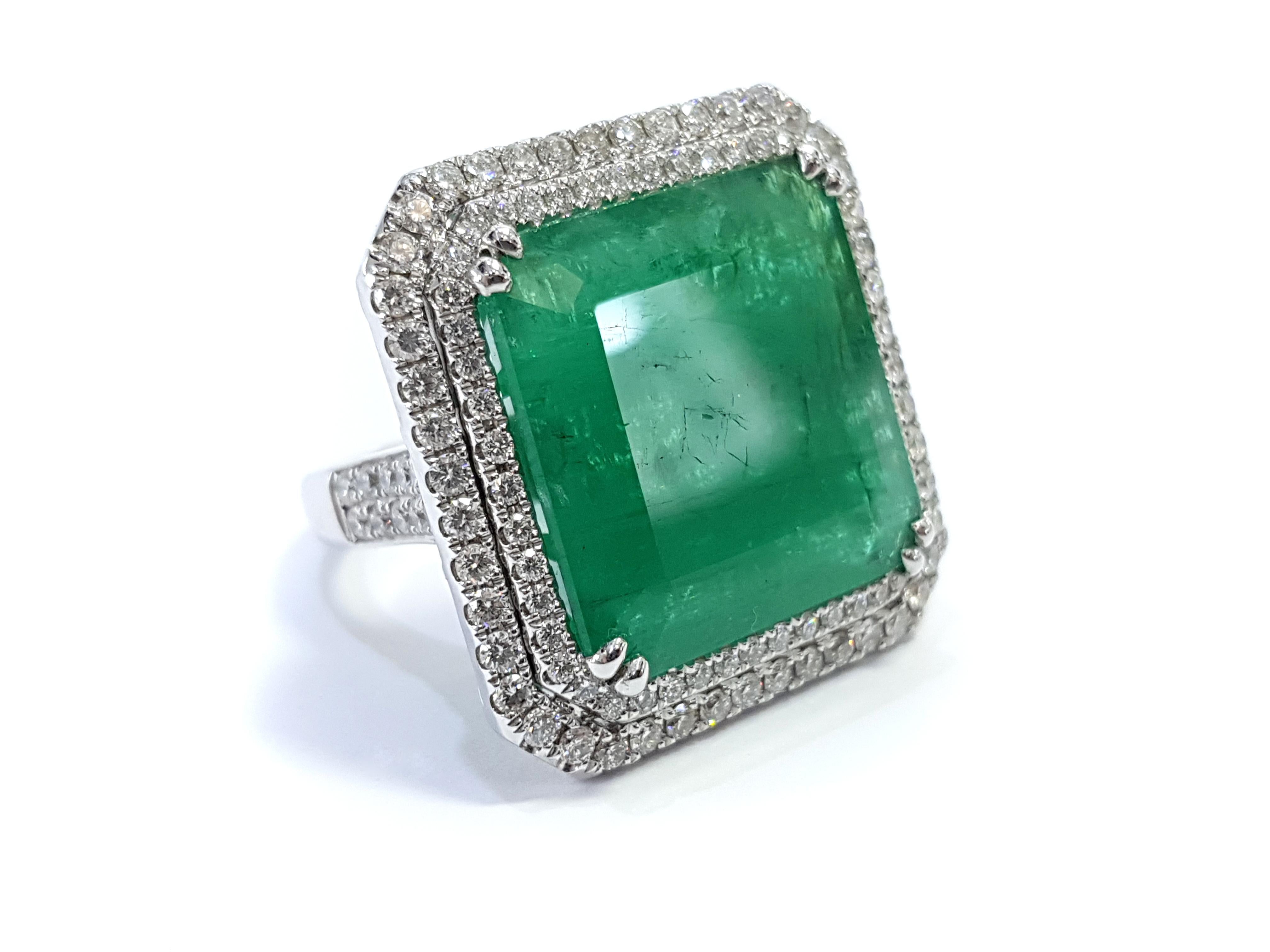 Women's GIA 22.23 Carat Emerald 2.00 Carat Round White Diamond 18 Karat White Gold Ring For Sale