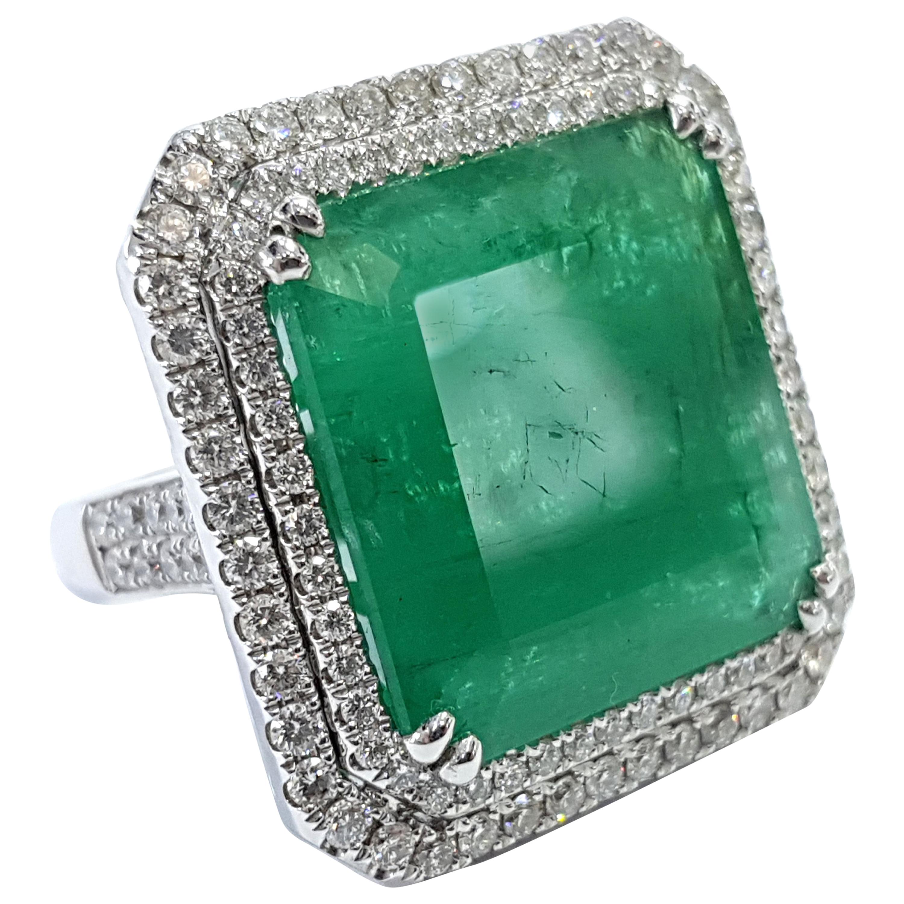 GIA 22.23 Carat Emerald 2.00 Carat Round White Diamond 18 Karat White Gold Ring For Sale