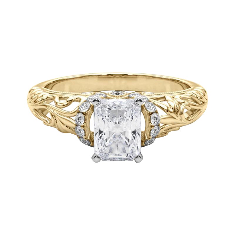 GIA 2,22ct Anello con diamanti radianti Chevron Halo Floral Filigree in oro giallo 18K
