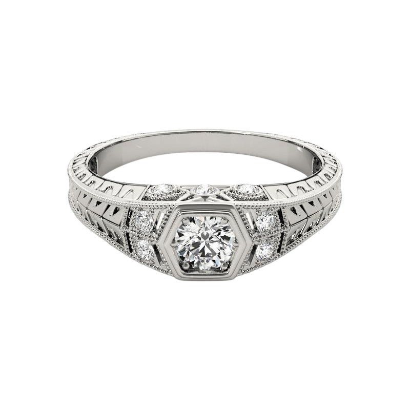GIA 2.22ct Round Bezel Filigree Flower Engraved 18K White Gold Diamond Ring (Bague diamant en or blanc 18K)