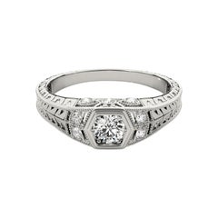 GIA 2.22ct Round Bezel Filigree Flower Engraved 18K White Gold Diamond Ring