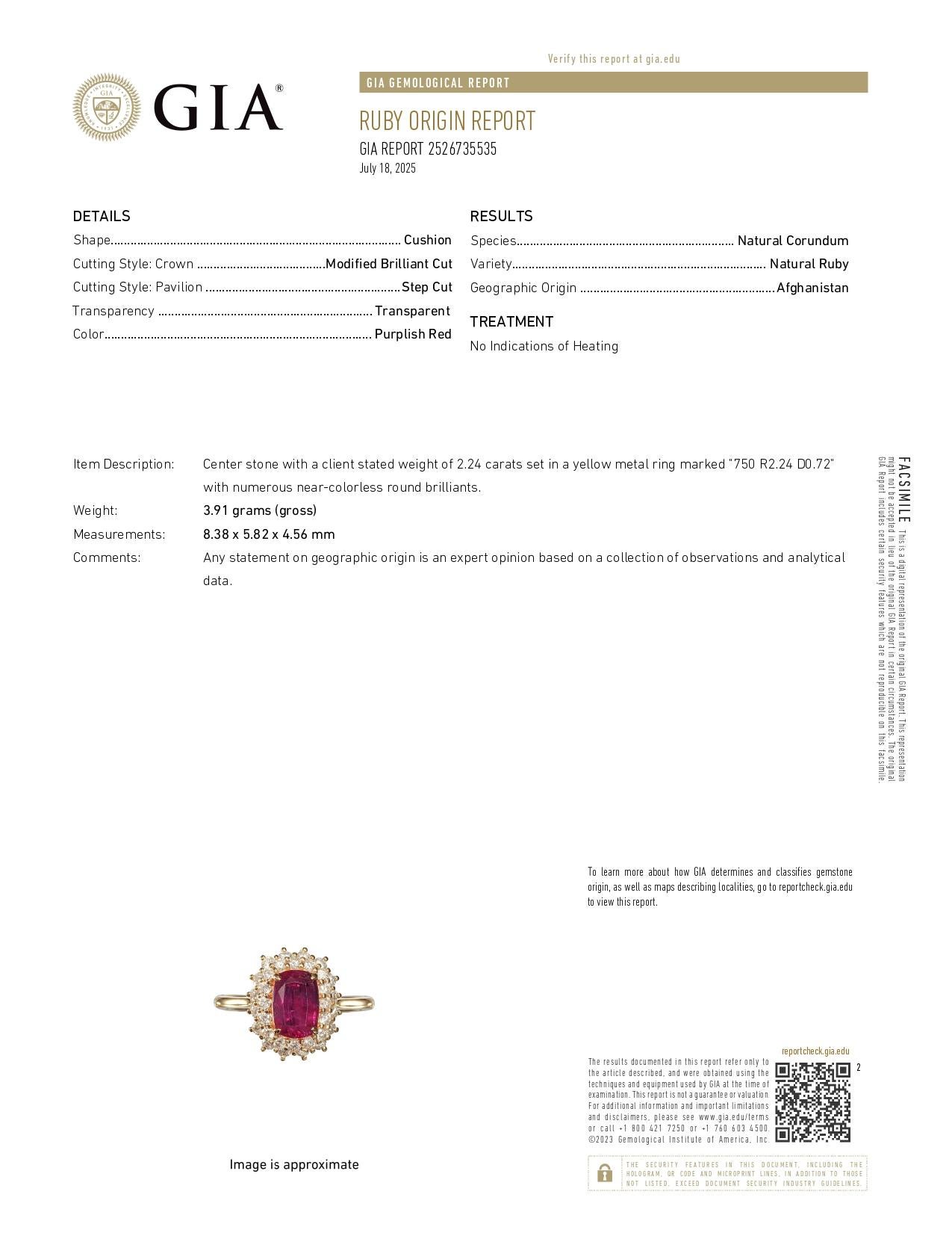 Contemporaneo GIA Anello di fidanzamento con rubino dell'Afghanistan non riscaldato da 2,24 ct in oro giallo 18 carati in vendita